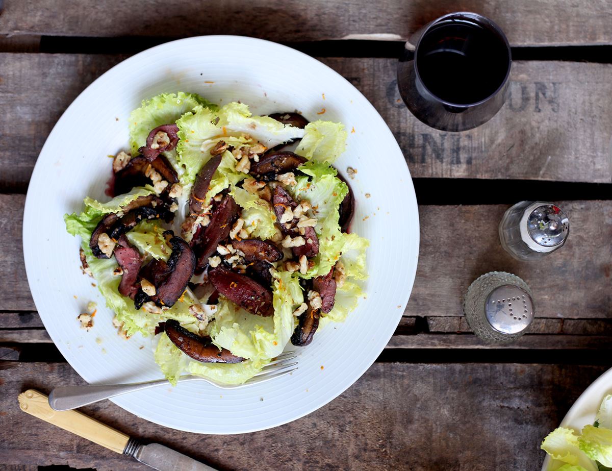 Warm Pigeon & Mushroom Salad with Red Wine Dressing
