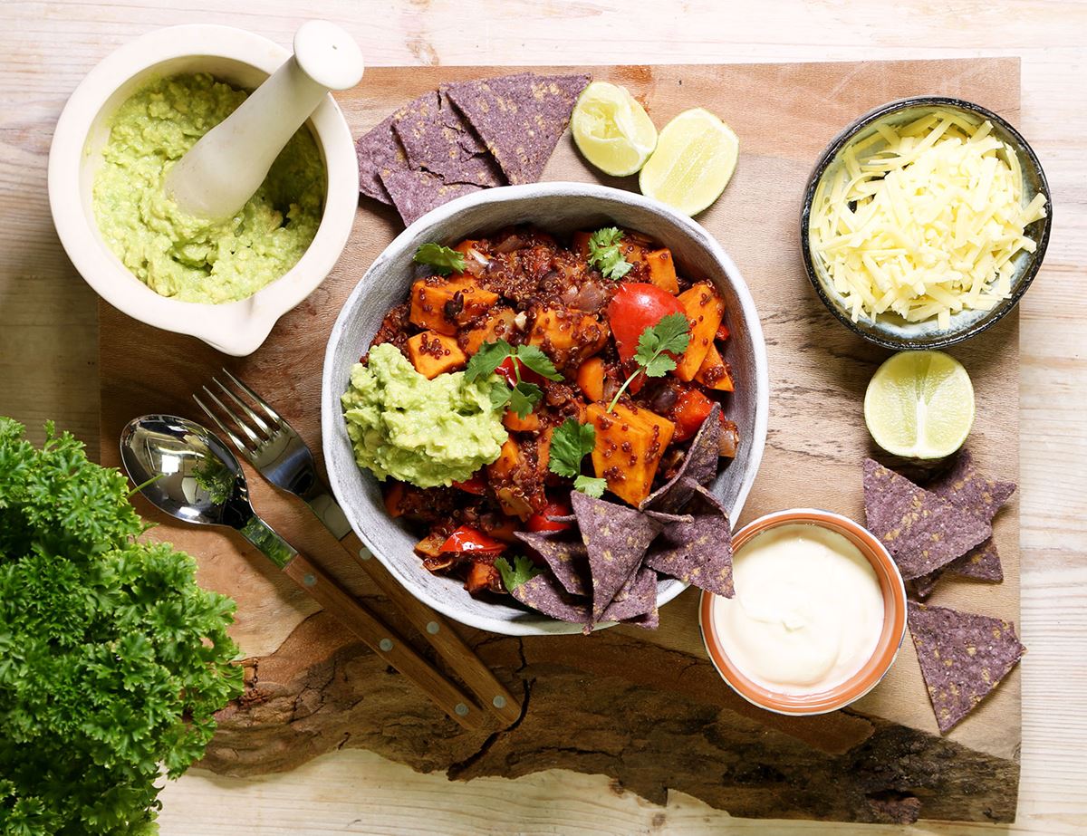 Quinoa, Sweet Potato & Black Bean One Pot with Avocado & Tortilla Chips