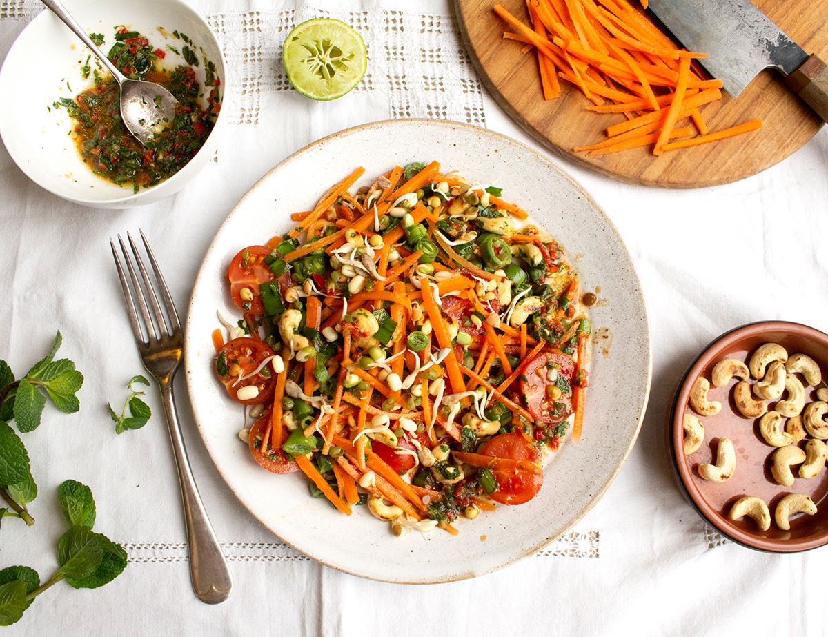 Spicy Shredded Carrot, Sprout & Cashew Salad