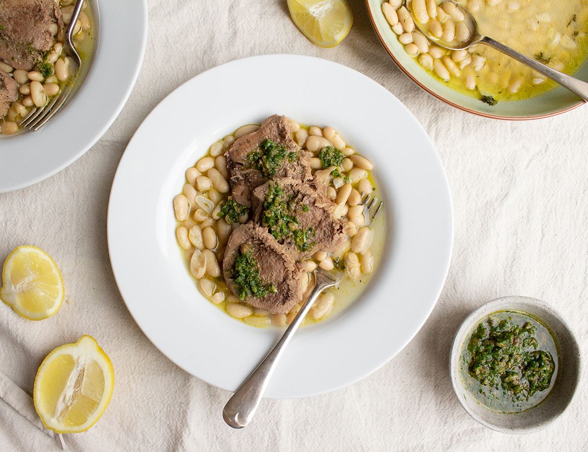 Braised Ox Tongue with Cannellini Beans & Green Sauce