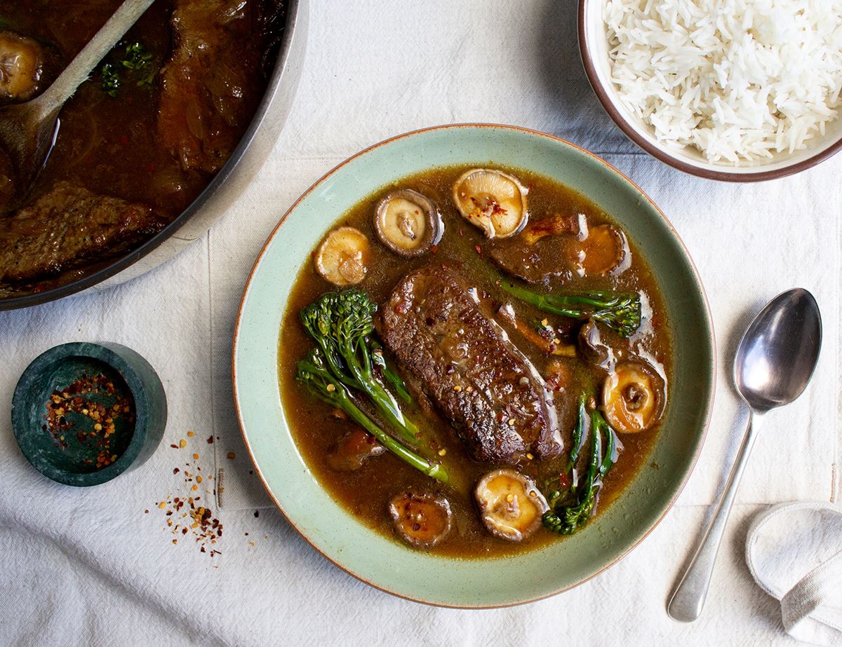 Braised Blade Steak with Mushrooms & Broccoli