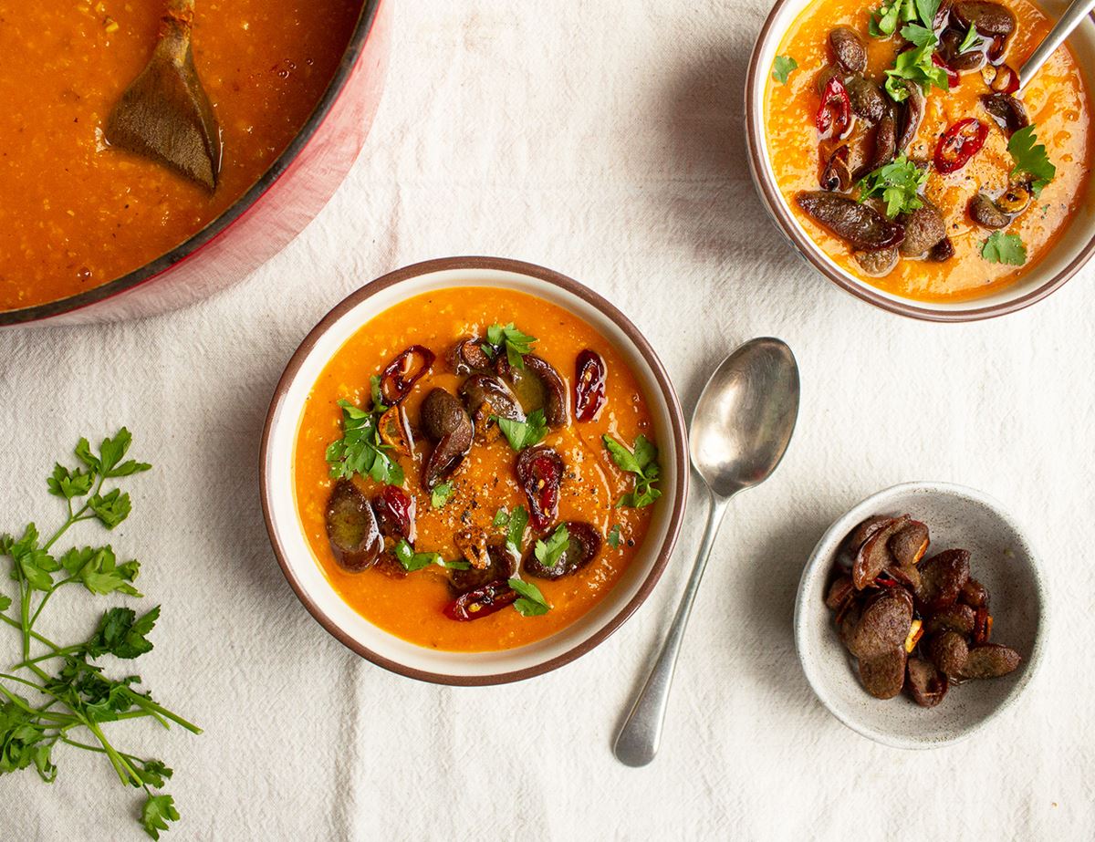 Butternut Squash & Corn Soup with Crispy Frankfurters