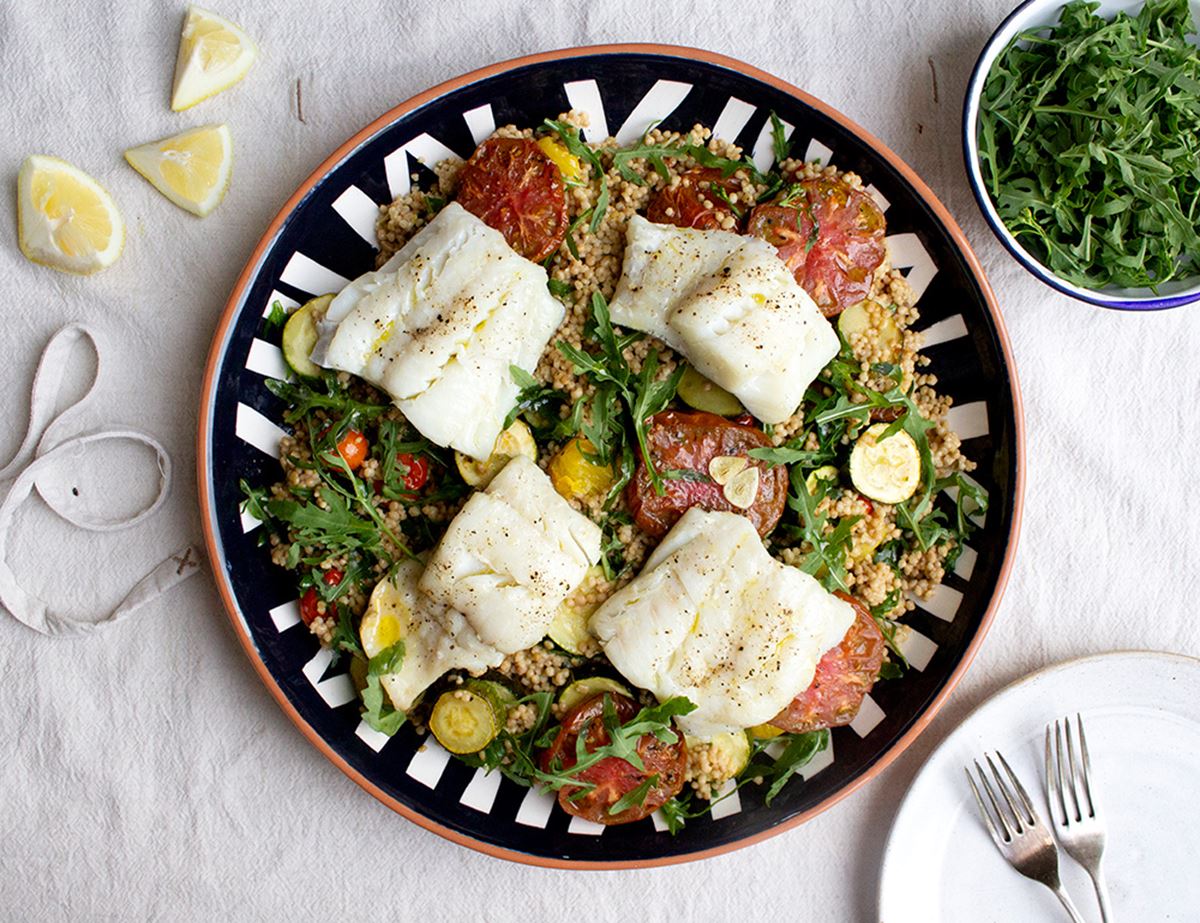 Roast Coley with Tomatoes & Giant Couscous