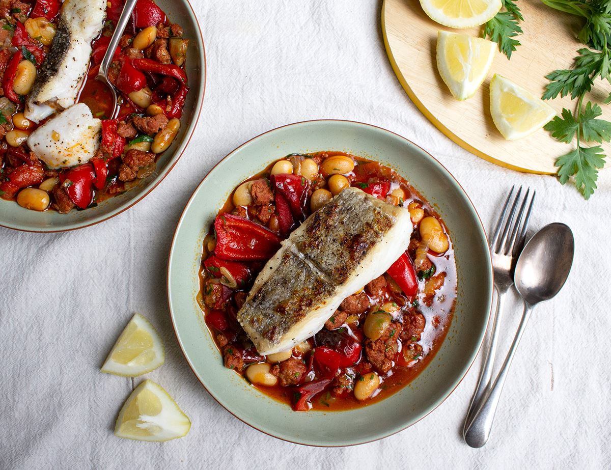 Hake Shoulder Steaks with Chorizo, Red Peppers & Butter Beans