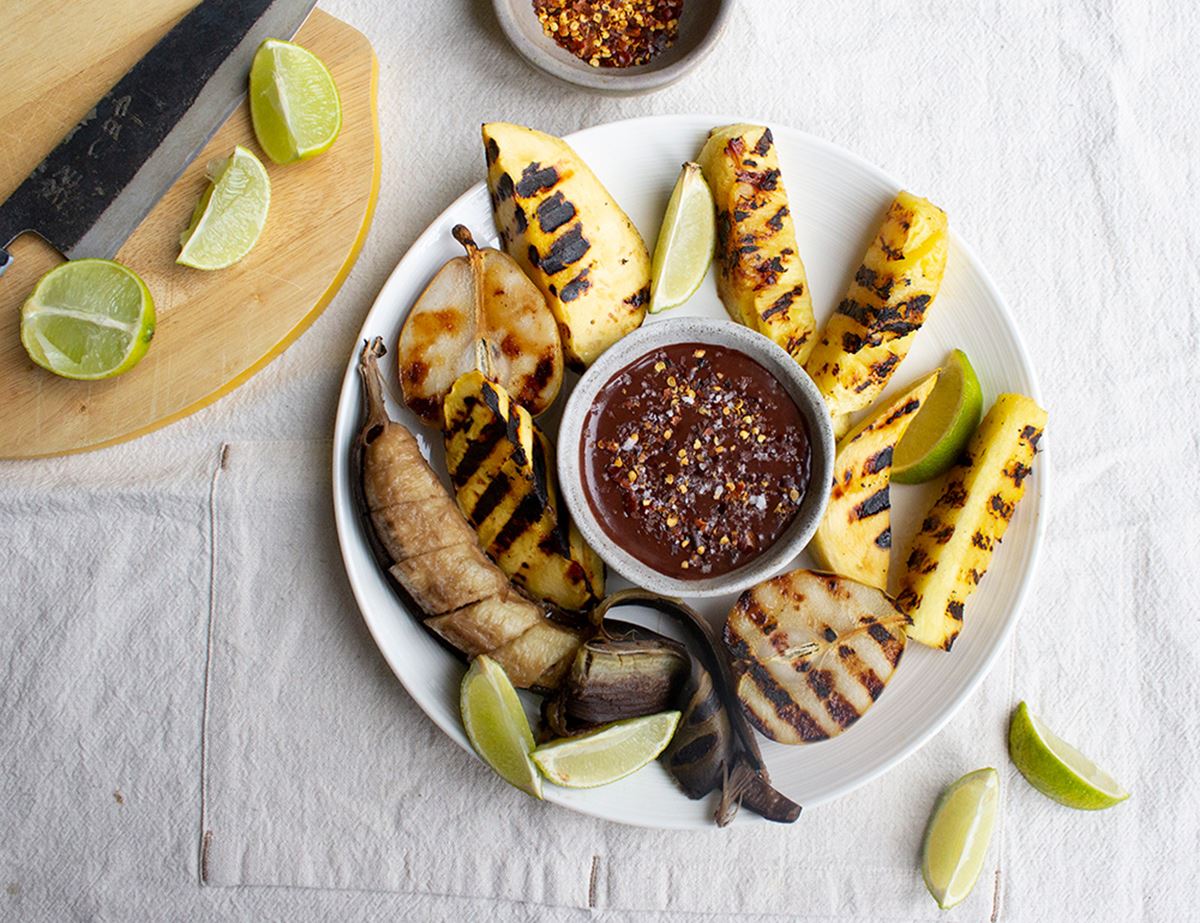 Barbecued Fruit with Chilli Chocolate Sauce