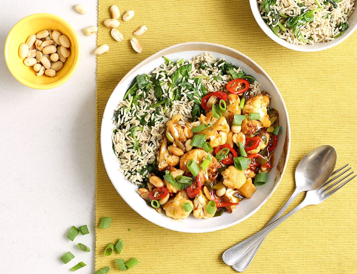 Speedy Cauliflower Stir-Fry with Spinach Rice