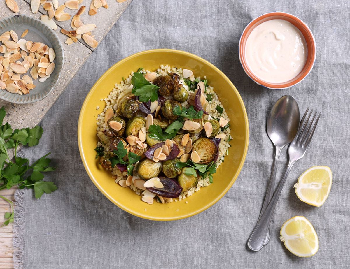 Spice-Roasted Brussels with Tahini Yogurt & Bulgar Wheat