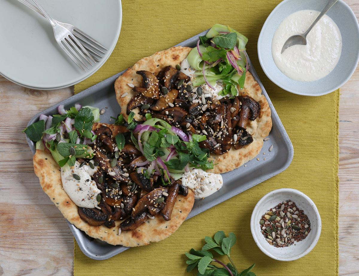 Sticky Mushroom Flat Breads with Tahini & Pickled Salad