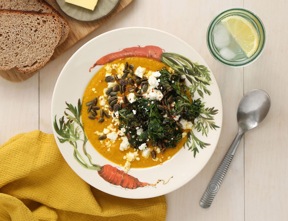 Roast Carrot & Feta Soup with Crispy Kale