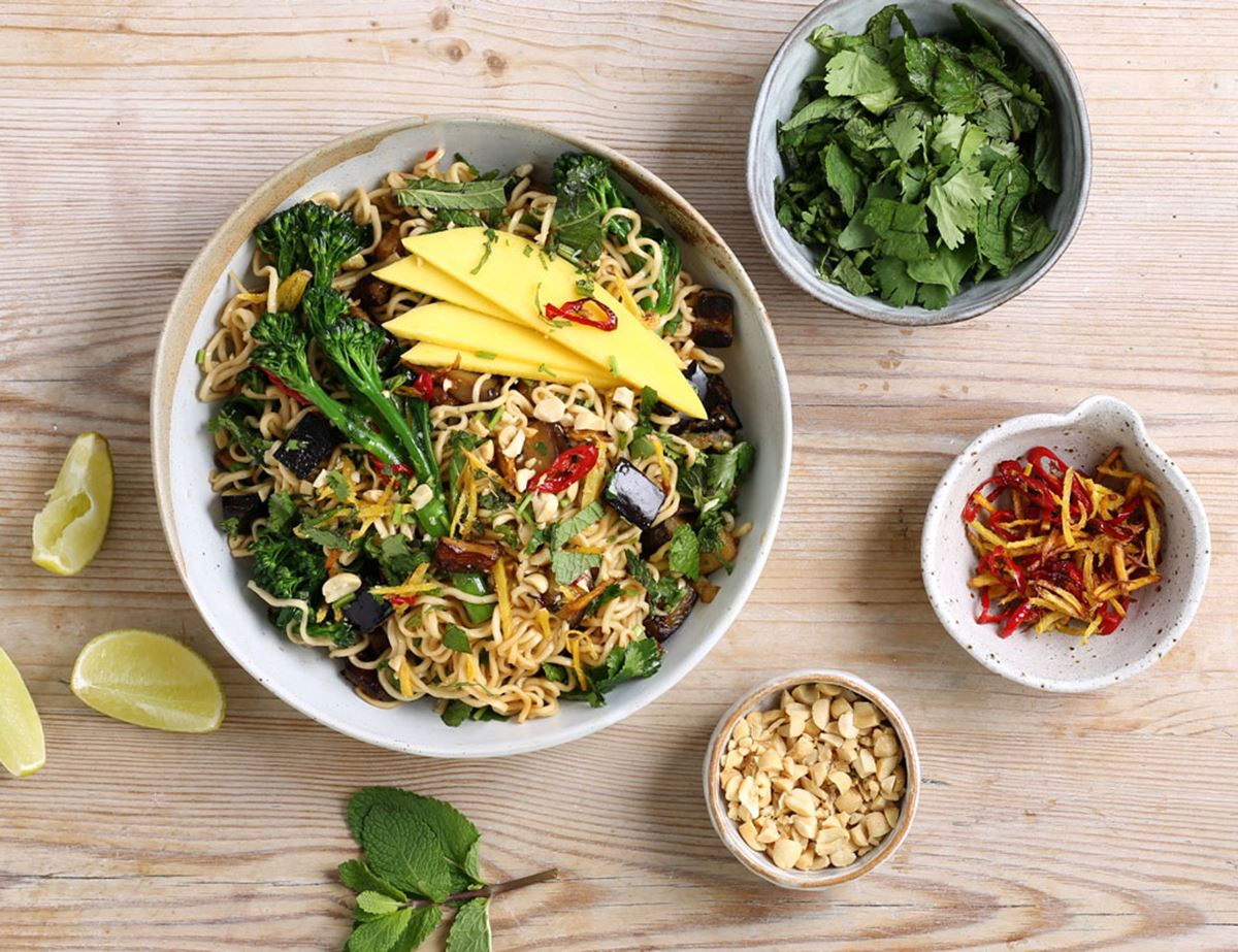 Sweet & Hot Aubergines with Mango & Noodles