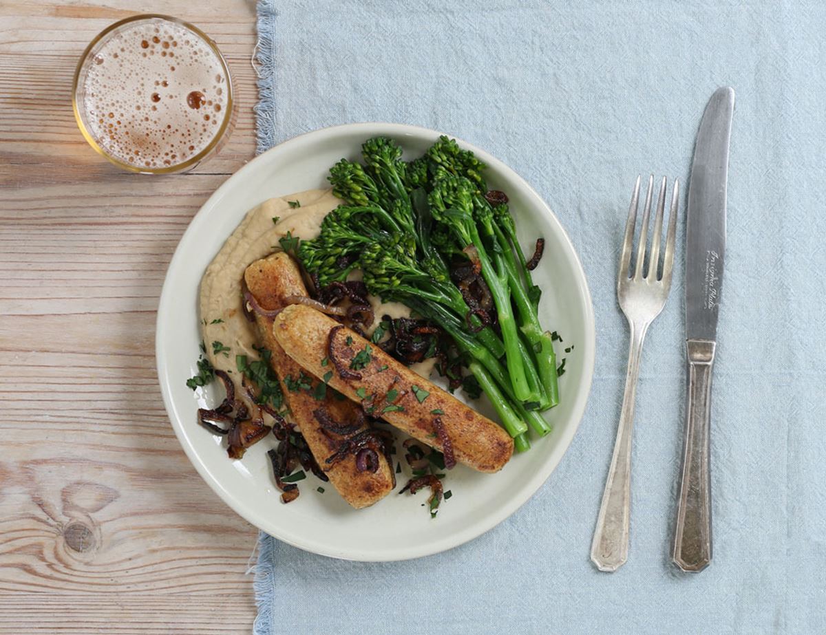 Veggie Sausages with Silky Butter Bean Mash