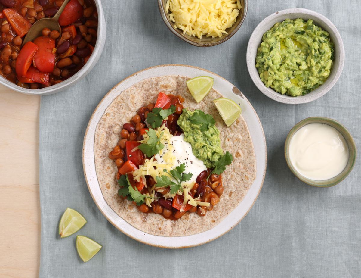 Cheesy Chilli Bean Wraps with Avocados & Soured Cream