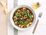 Gnocchi with Asparagus & Mushrooms in Porcini Broth