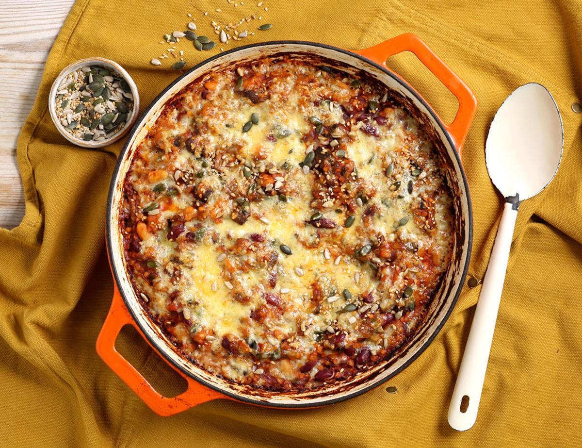 Cheddar, Lentil & Bean Bake