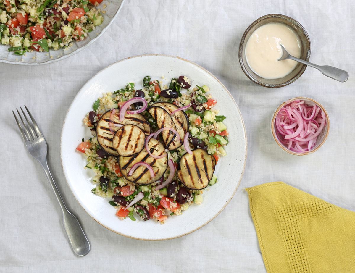 Griddled Aubergine with Herby Tabbouleh & Tahini Dressing