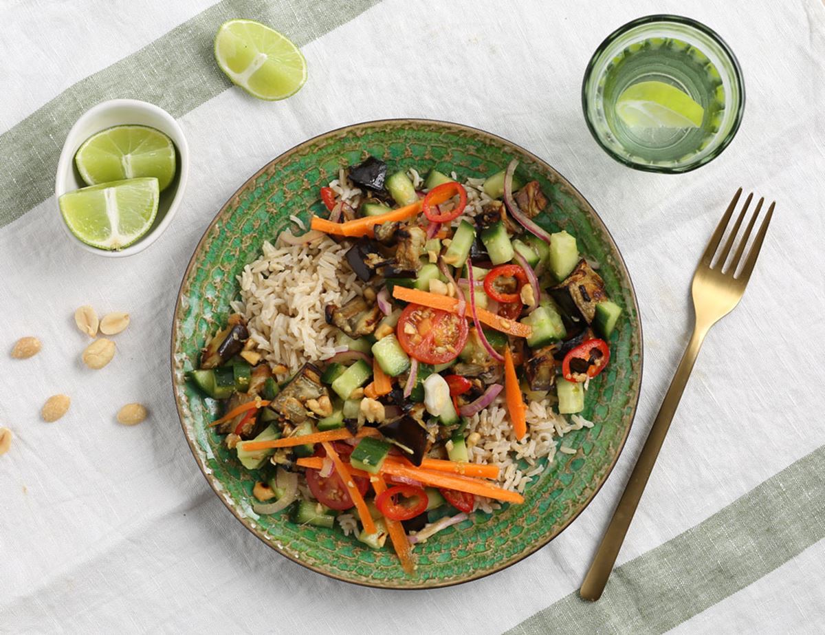 Roast Aubergine Salad with Thai-Style Peanut Dressing