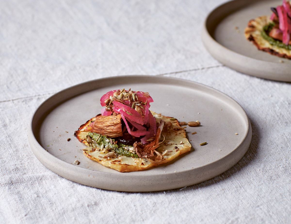 Celeriac Tacos with Kimchi & Mushrooms