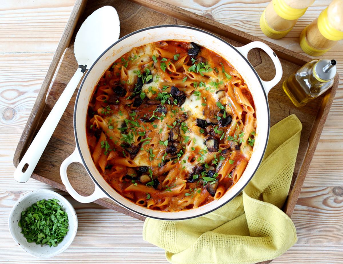 One Pot Melting Mozzarella & Aubergine Pasta