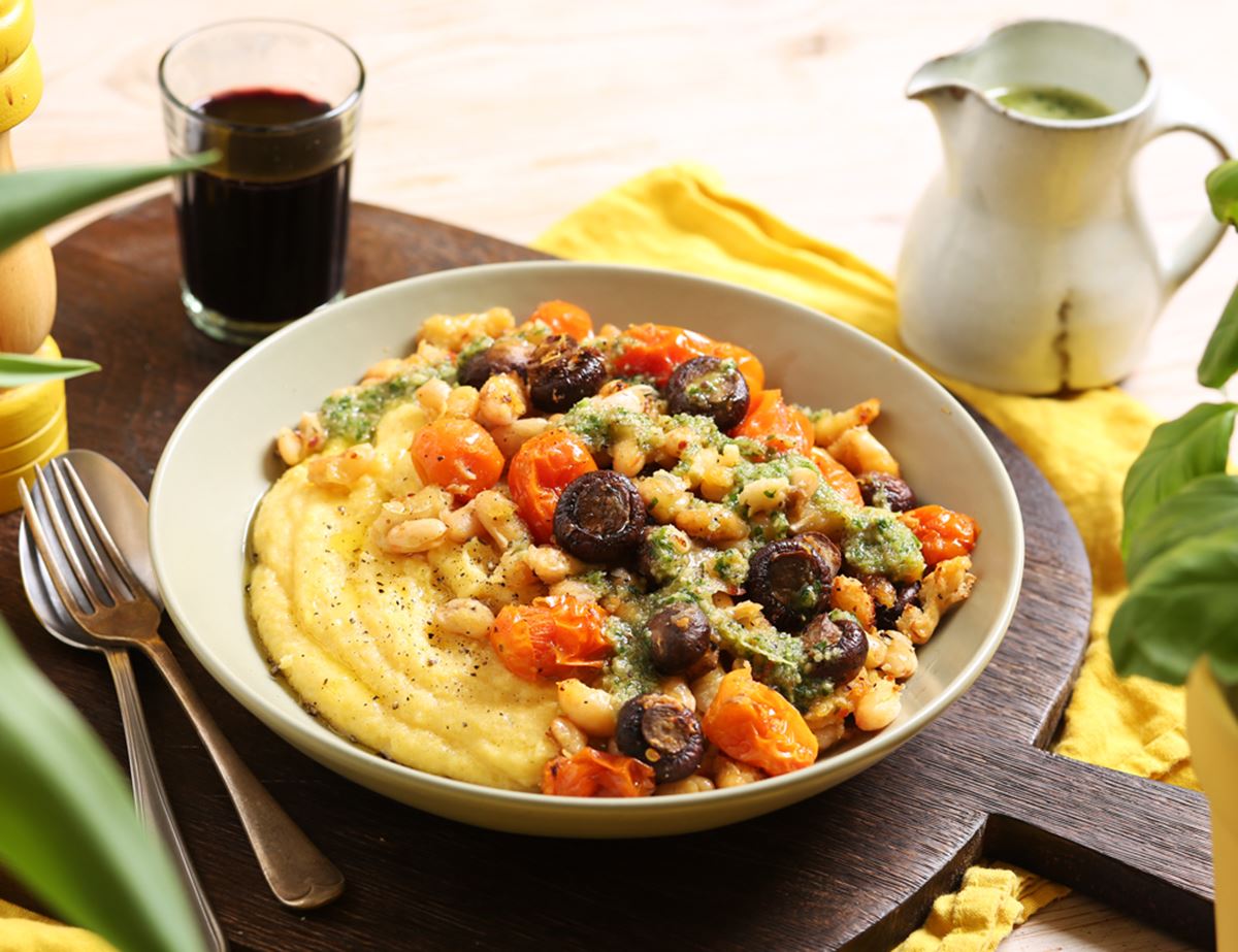 Garlicky Roast Beans with Soft Polenta & Parsley & Walnut Sauce