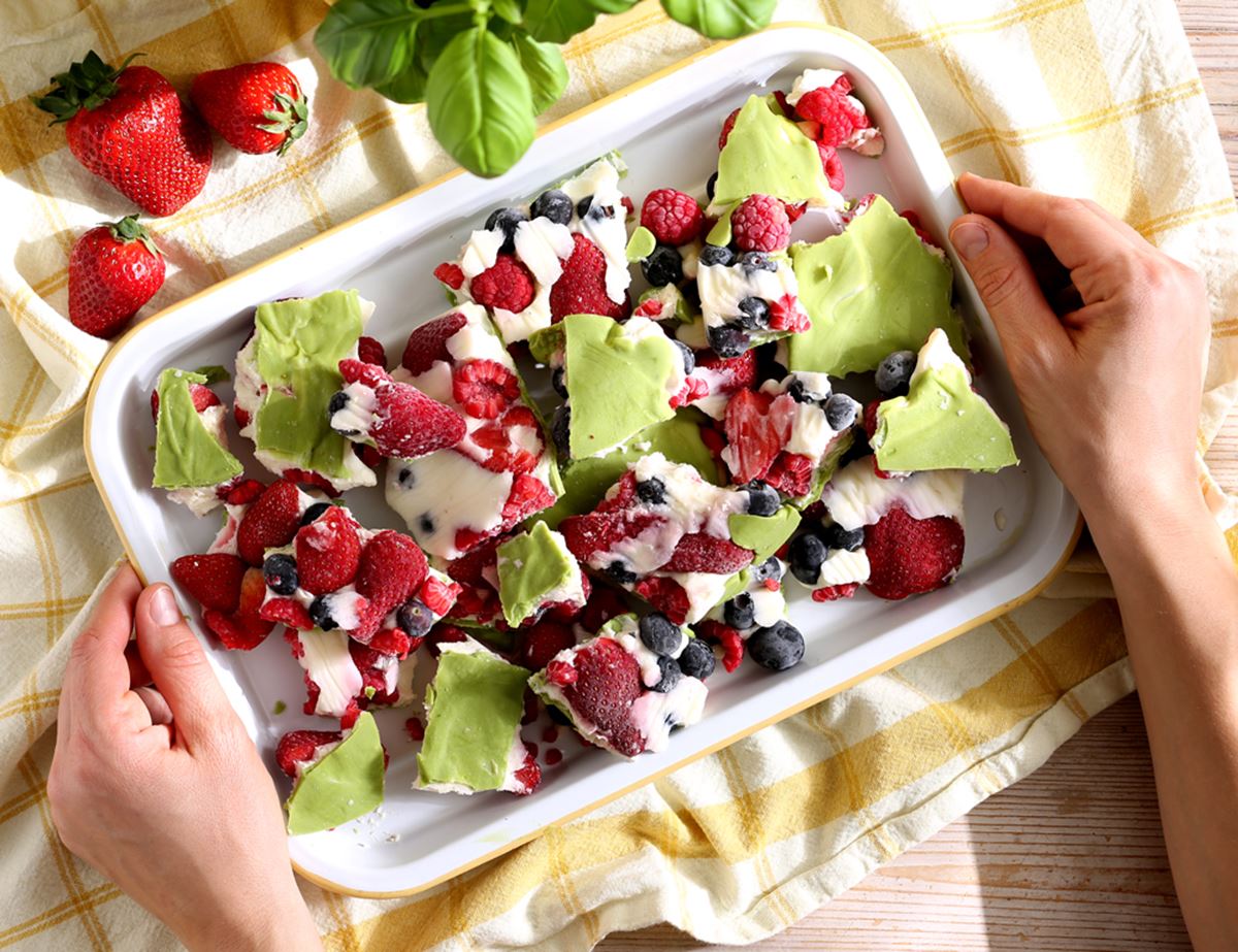 Frozen Summer Berry, White Chocolate & Matcha Yogurt Bark