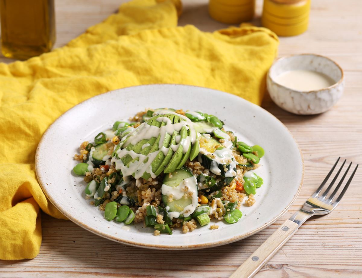 Broad Bean, Avocado & Quinoa Salad with Tahini Dressing