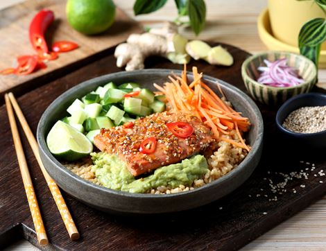 Sweet Sesame & Soy Salmon with Smashed Avocado