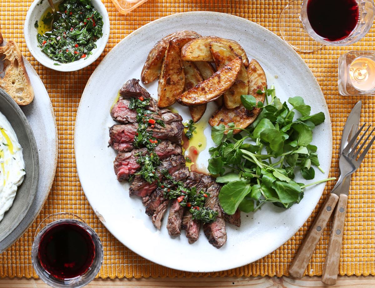 Bavette Steaks & Chips with Chimichurri Sauce
