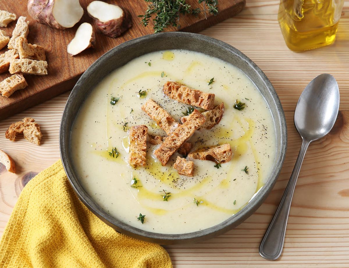 Cream of Jerusalem Artichoke Soup with Sourdough Croutons
