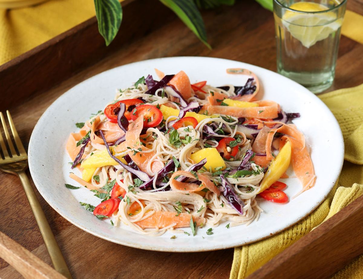 Mango, Red Cabbage & Carrot Noodle Salad with Sesame Dressing