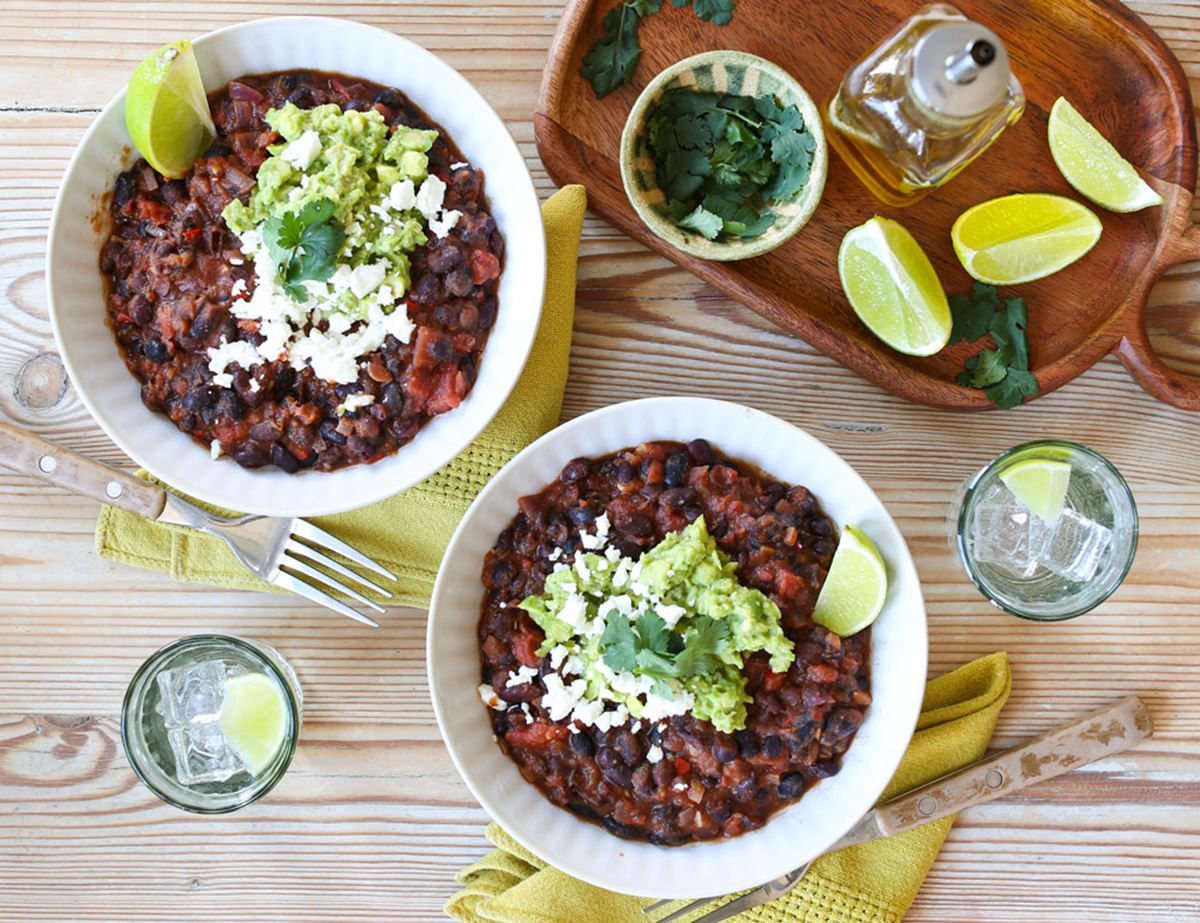 Mexican Spiced Braised Black Beans with Smashed Avocado & Feta