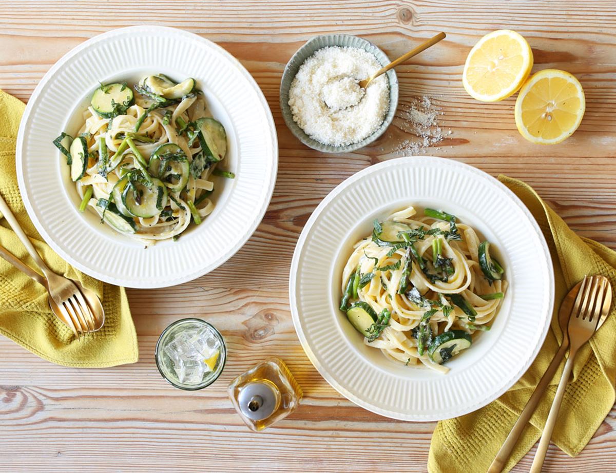 Pasta Primavera with Asparagus, Crème Fraîche & Parmesan Sauce