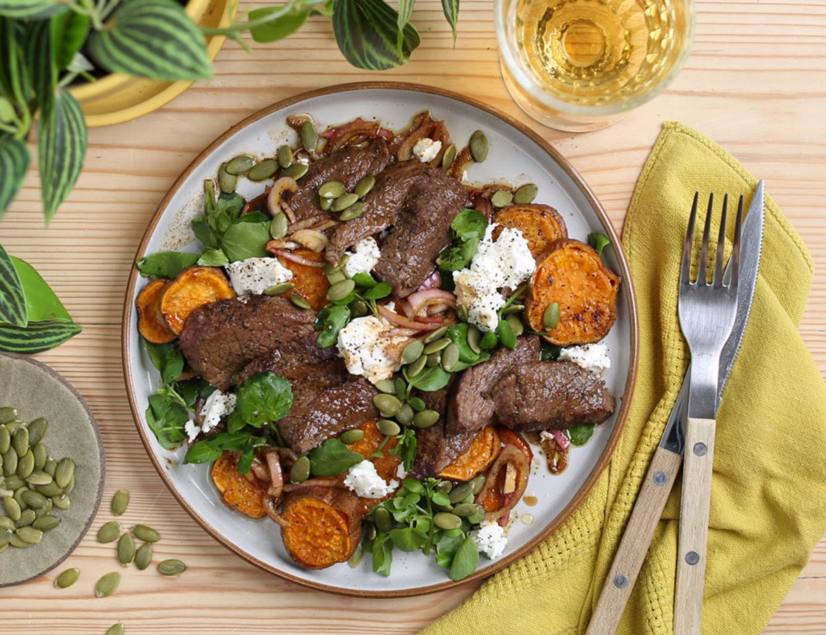 Wild Venison Steak, Roast Sweet Potato & Goat's Cheese Salad