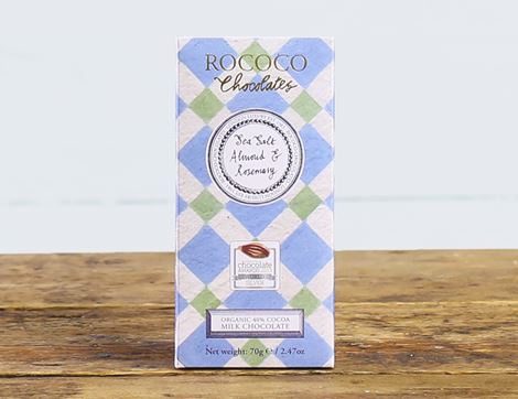 Artisan Milk Chocolate with Sea Salt, Almond & Rosemary, Organic, Rococo (70g)