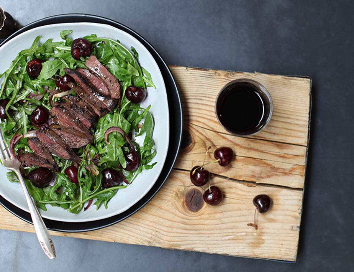 Clove-Crusted Pigeon Breasts with Cherry Salad