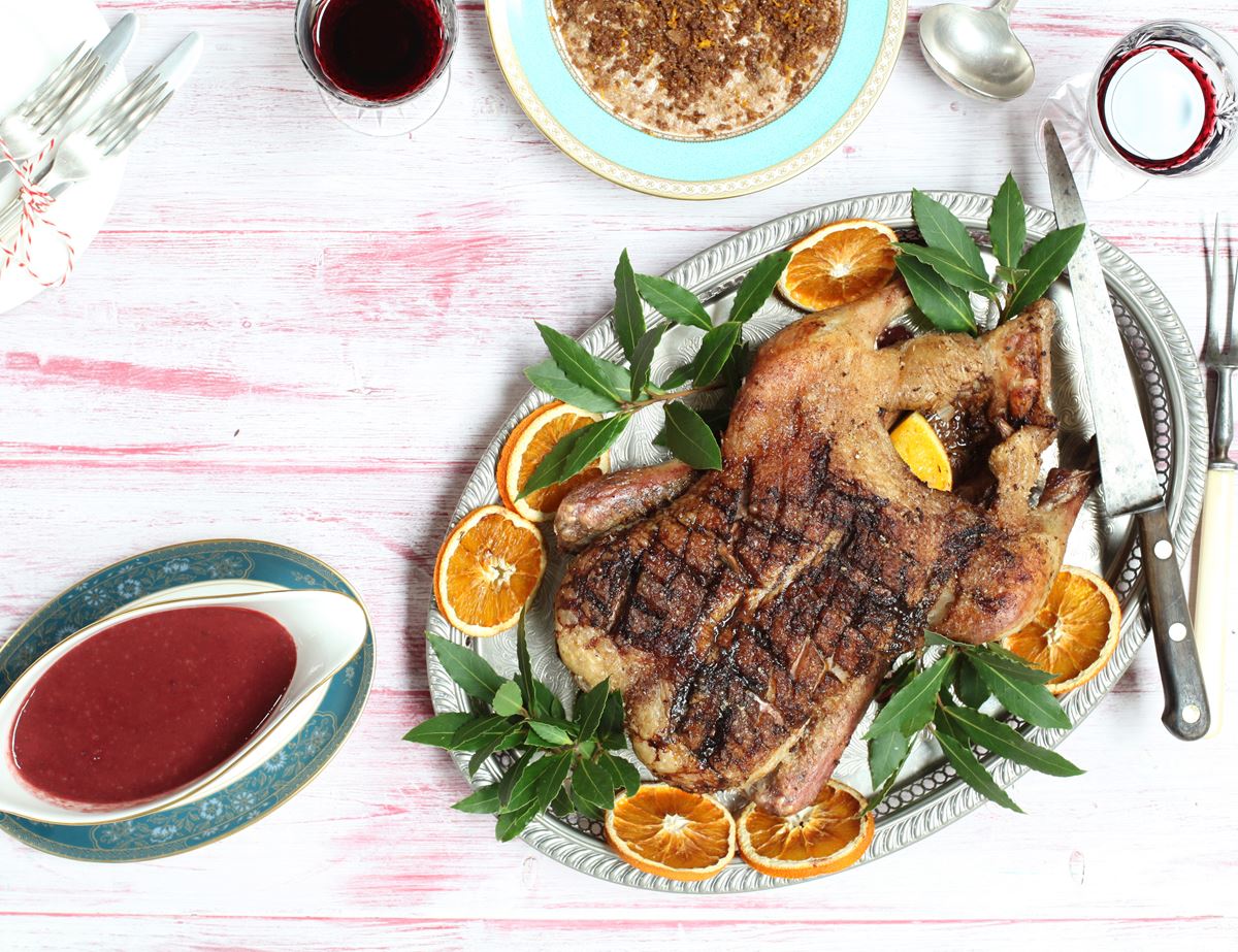 image of Crisscross Christmas Duck With Mulled Plum Sauce recipe by Abel and Cole