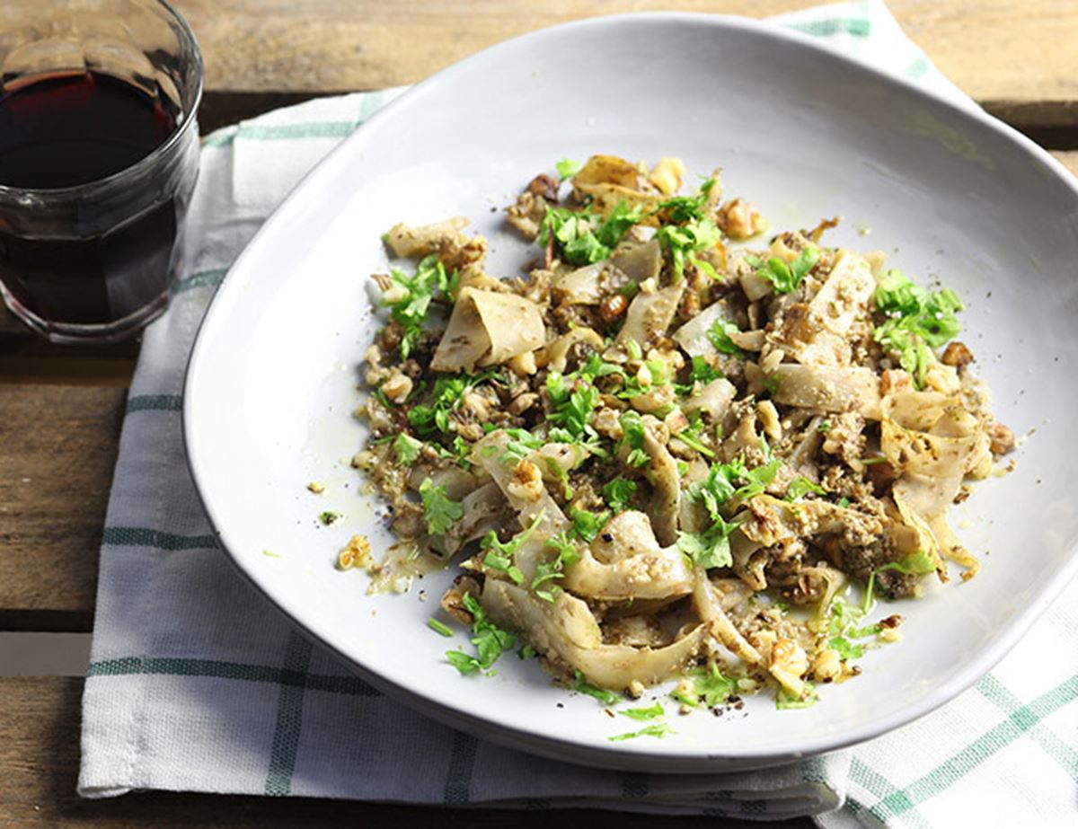 Celeriac Noodles with Walnut Mushroom Pesto