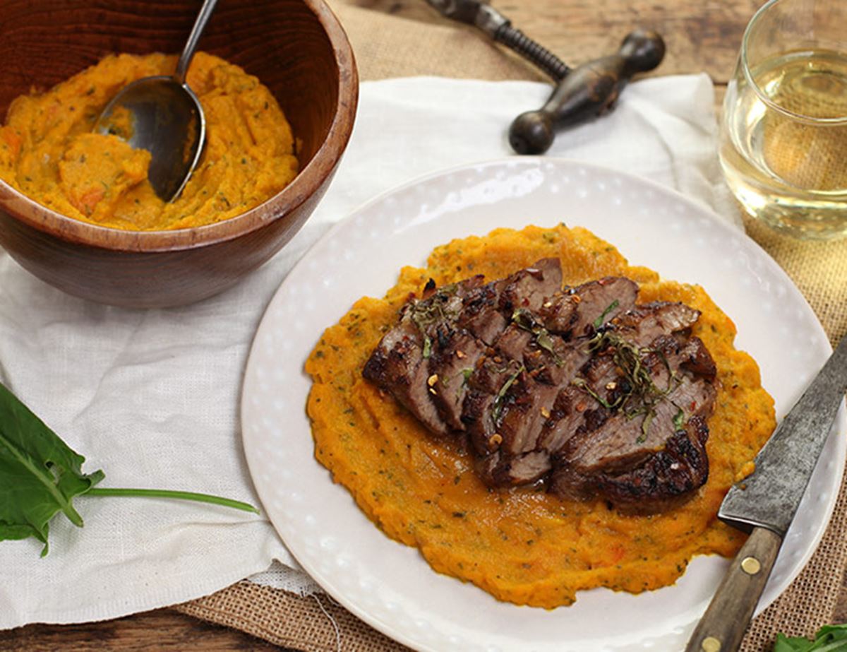 Chilli-Crusted Lamb Rump with Sorrel & Carrot Mash