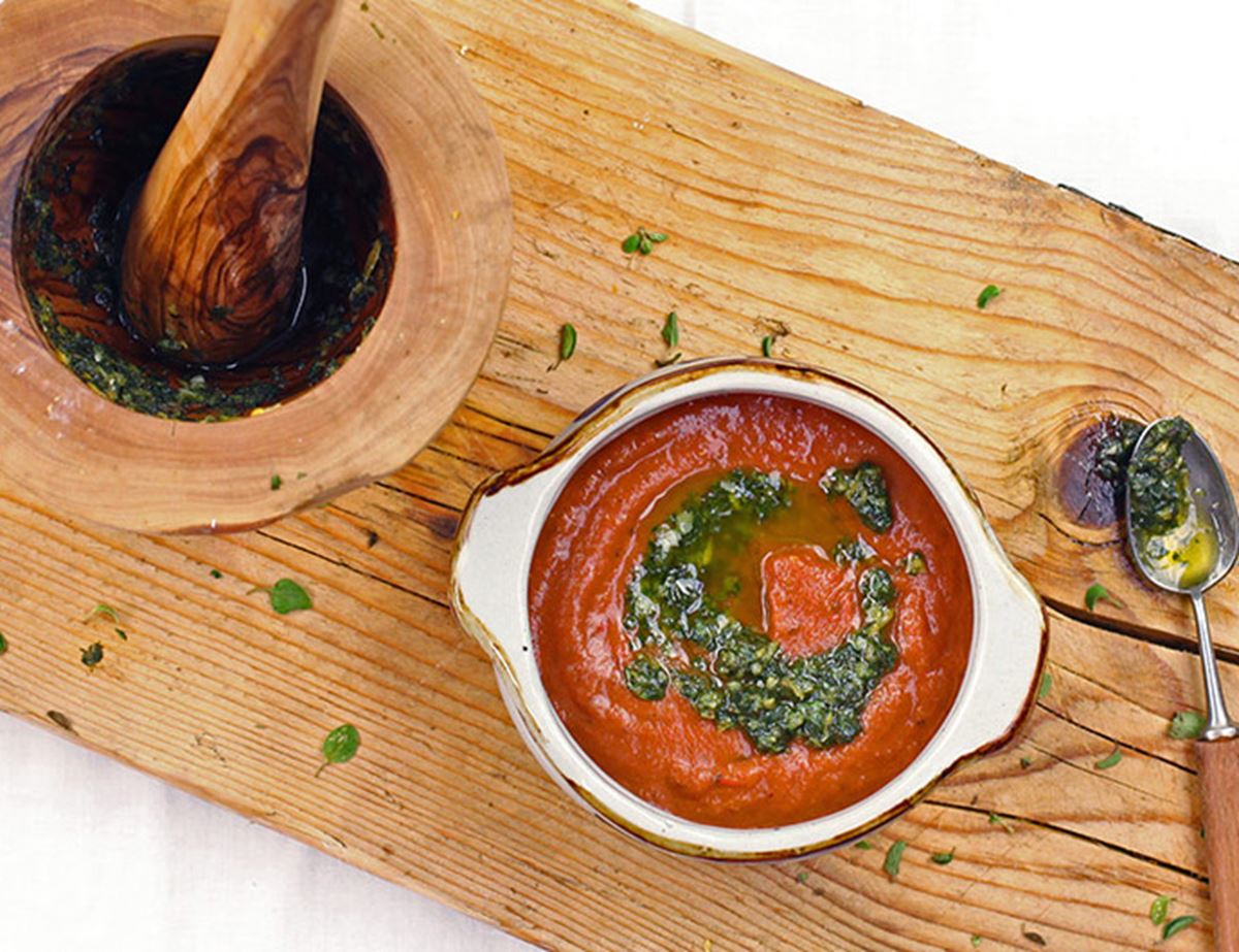 Roast Aubergine & Tomato Soup with Oregano Pesto