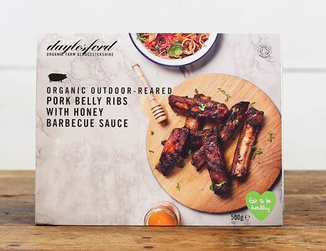 Pork Belly Ribs with Honey Barbecue Sauce, Organic, Daylesford (500g)