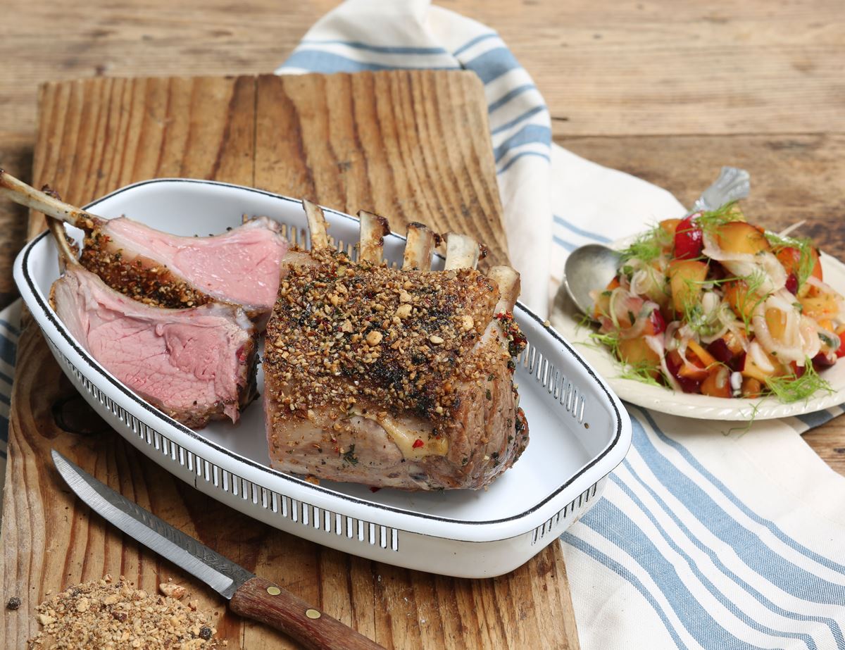 Almond Dukkah Dusted Rack of Lamb with Spicy Plum Salsa