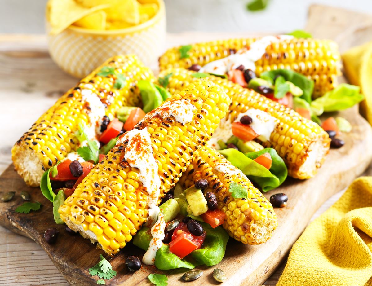 Barbecued Sweetcorn With Black Bean Guacamole