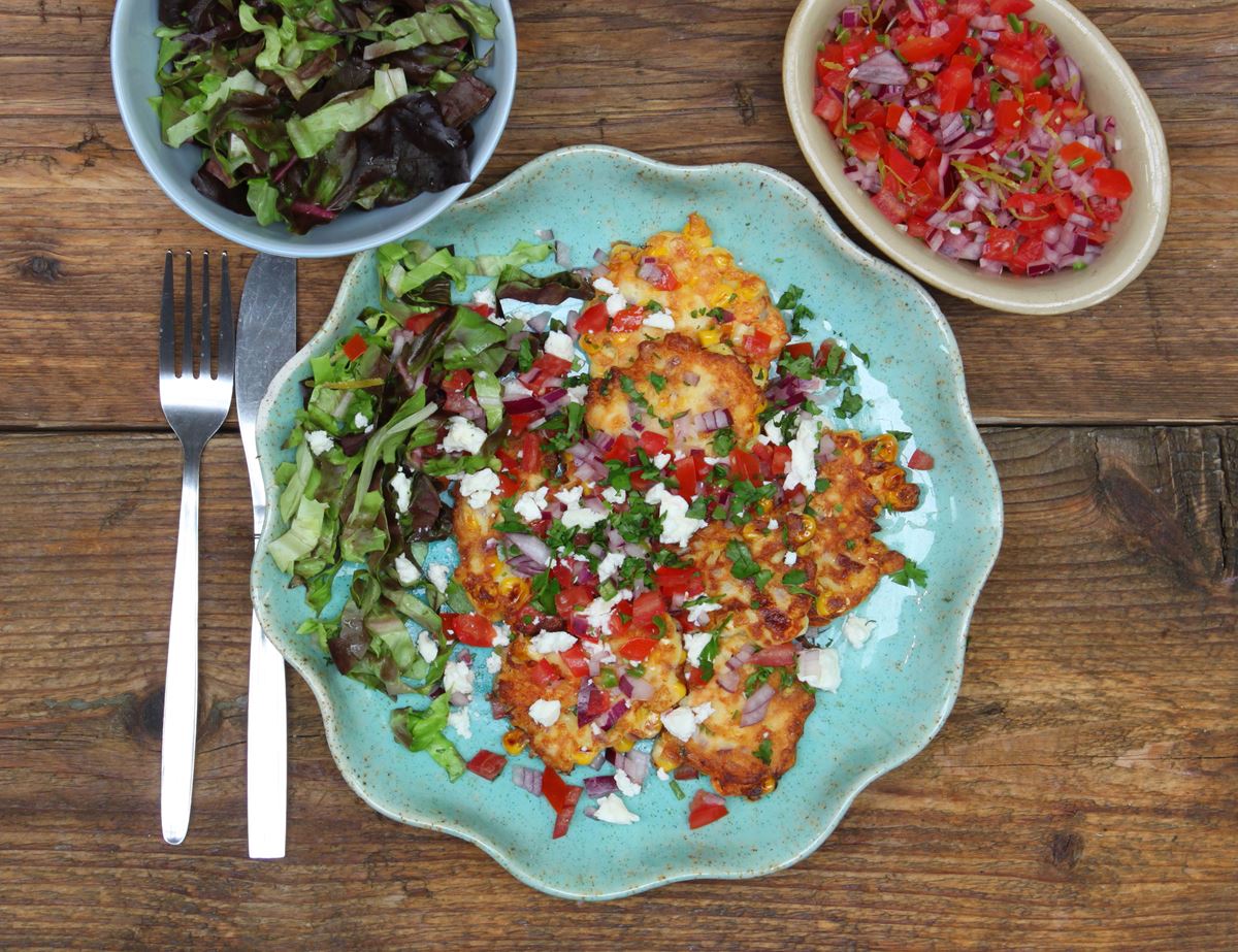 Sweetcorn & Feta Fritters with Lime & Chilli Salsa